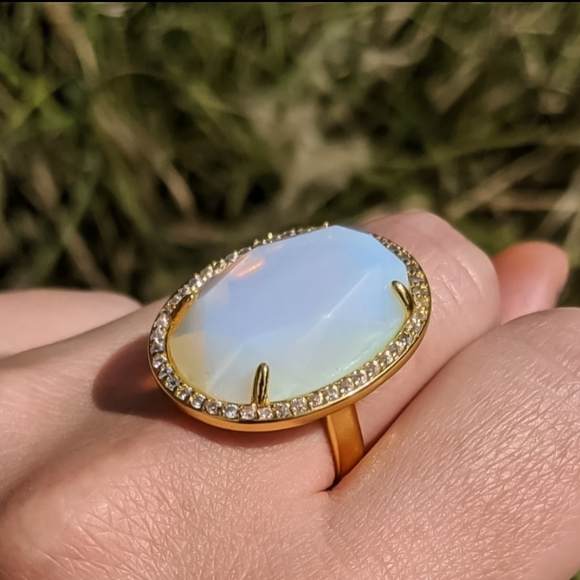 14k Gold Opal Gemstone Adjustable Statement Ring Plated in 14k Gold - Picture 2 of 16